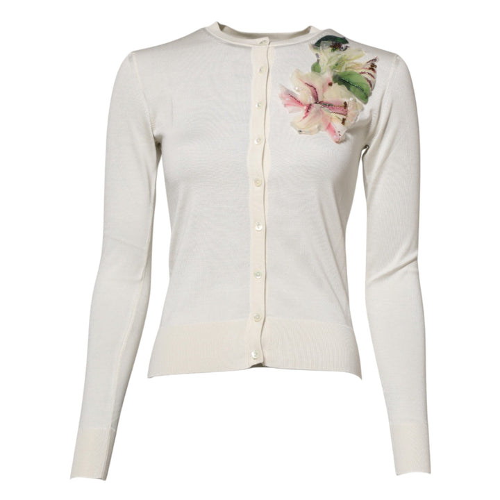 Women’s Dolce &amp; Gabbana White Silk Lily Buttoned Cardigan Sweater