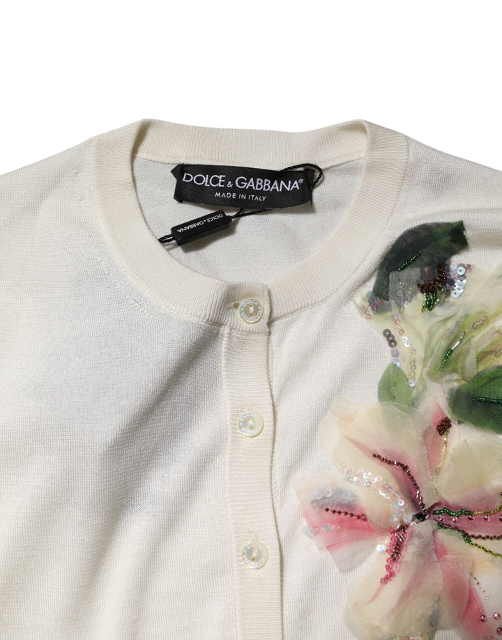 Women’s Dolce &amp; Gabbana White Silk Lily Buttoned Cardigan Sweater