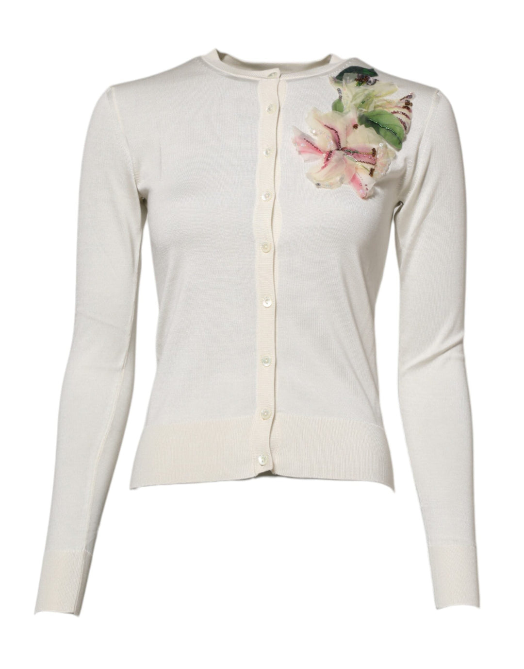 Women’s Dolce &amp; Gabbana White Silk Lily Embellished Cardigan Sweater