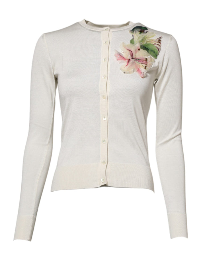 Women’s Dolce &amp; Gabbana White Silk Lily Embellished Cardigan Sweater
