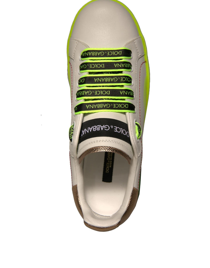 Dolce &amp; Gabbana White Yellow Portofino Leather Sneakers Shoes