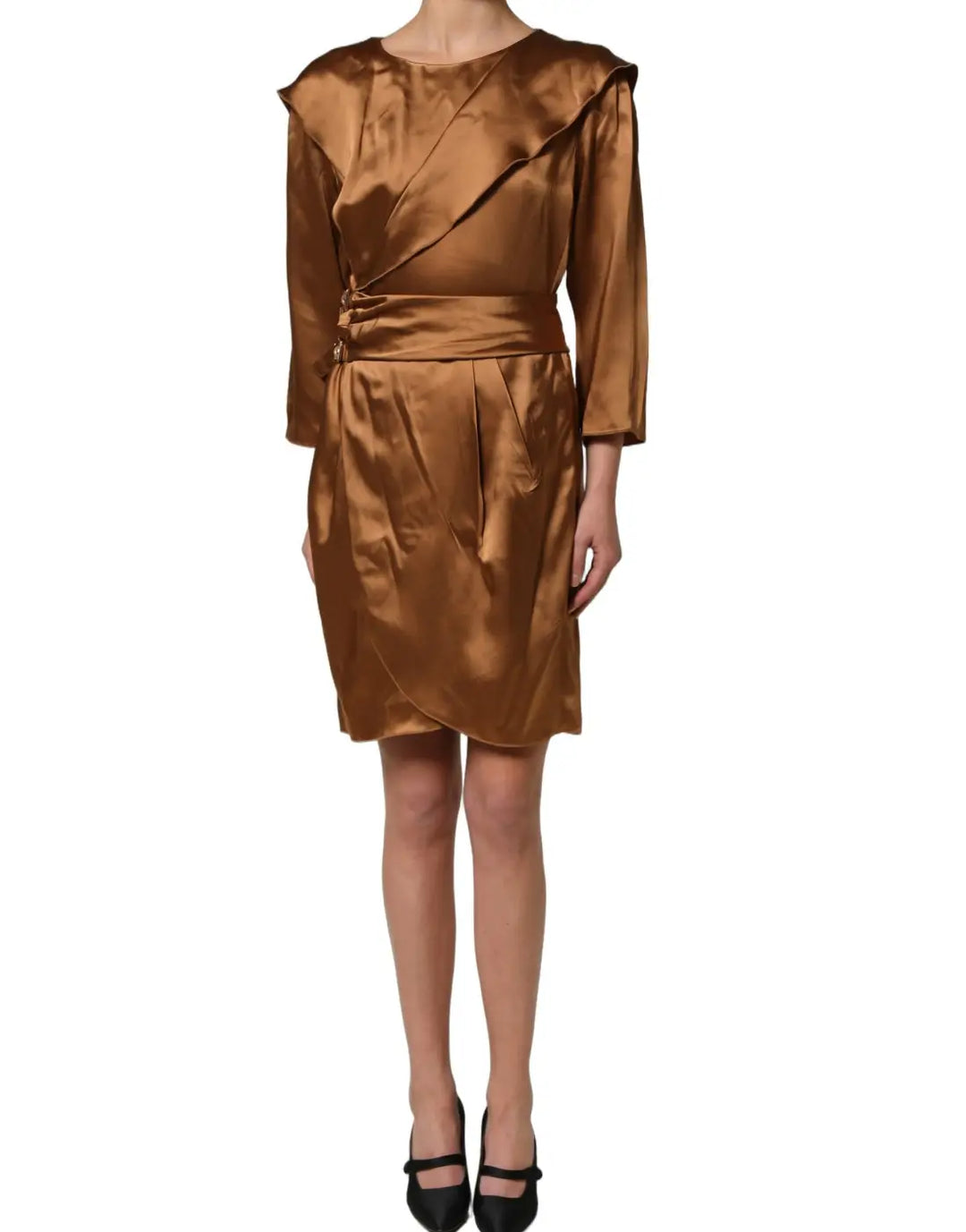Women’s Emporio Armani Brown Satin Acetate Wrap Sheath Mini Belted Dress