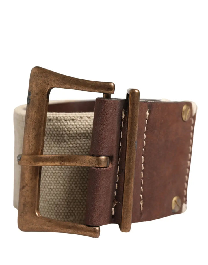 Women’s Ermanno Scervino Beige Brown Leather Canvas Metal Buckle Belt