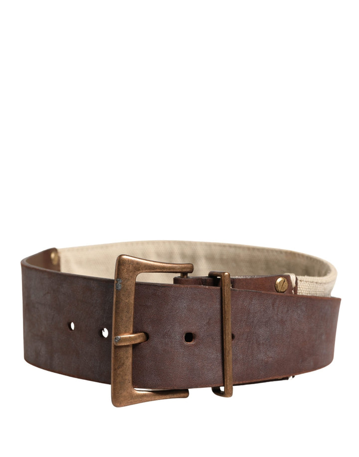 Women’s Ermanno Scervino Beige Brown Leather Canvas Metal Buckle Belt
