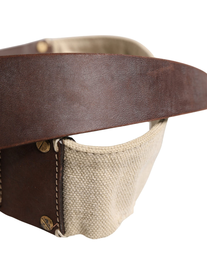 Women’s Ermanno Scervino Beige Brown Leather Canvas Metal Buckle Belt