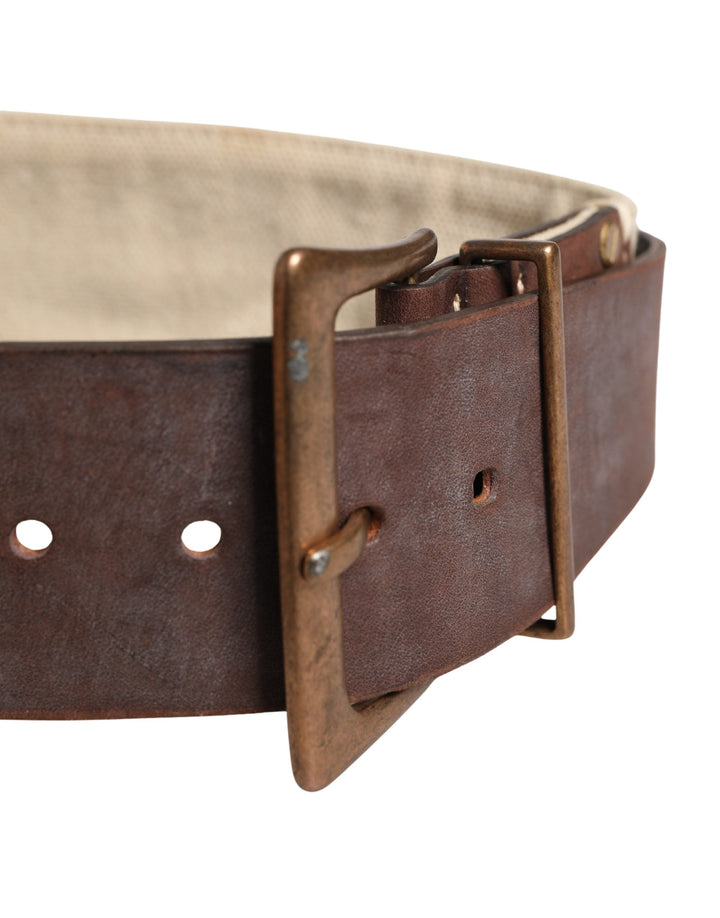 Women’s Ermanno Scervino Beige Brown Leather Canvas Metal Buckle Belt