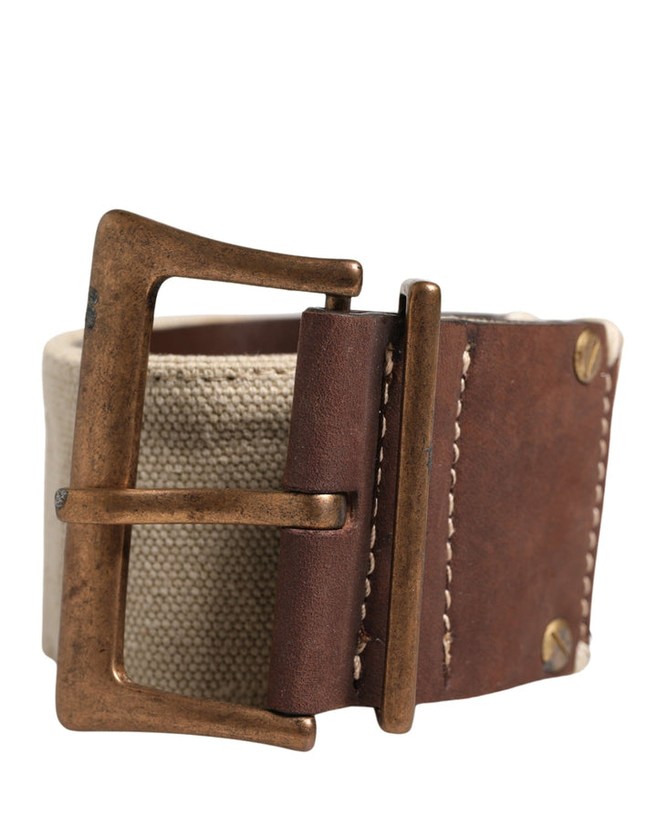 Women’s Ermanno Scervino Beige Brown Leather Canvas Metal Buckle Belt