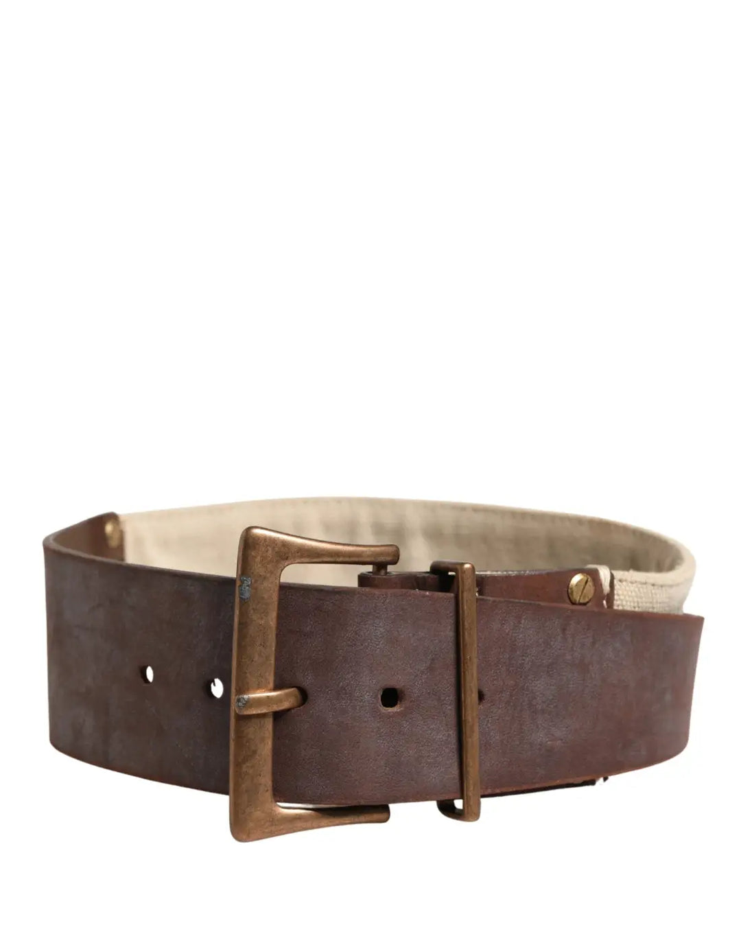 Women’s Ermanno Scervino Beige Brown Leather Canvas Metal Buckle Belt