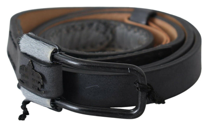 Women’s Ermanno Scervino Black Leather Fringes Logo Buckle Belt