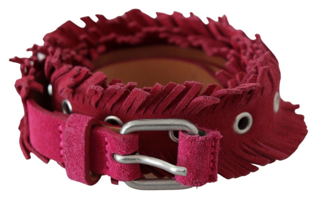 Women’s Ermanno Scervino Maroon Leather Fringes Silver Buckle Waist Belt