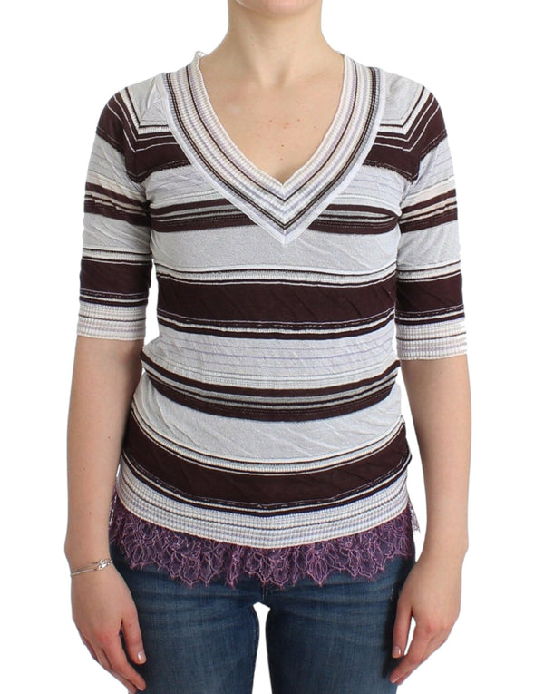 Women’s Ermanno Scervino Striped Lace V-neck Short Sleeve Top Sweater