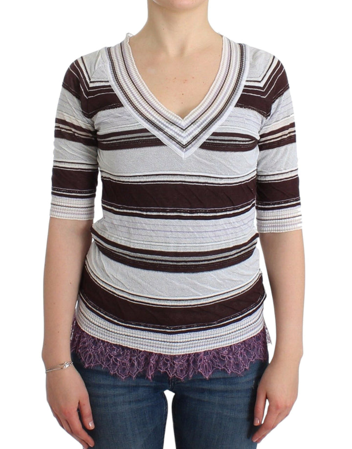 Women’s Ermanno Scervino Striped Lace V-neck Short Sleeve Top Sweater