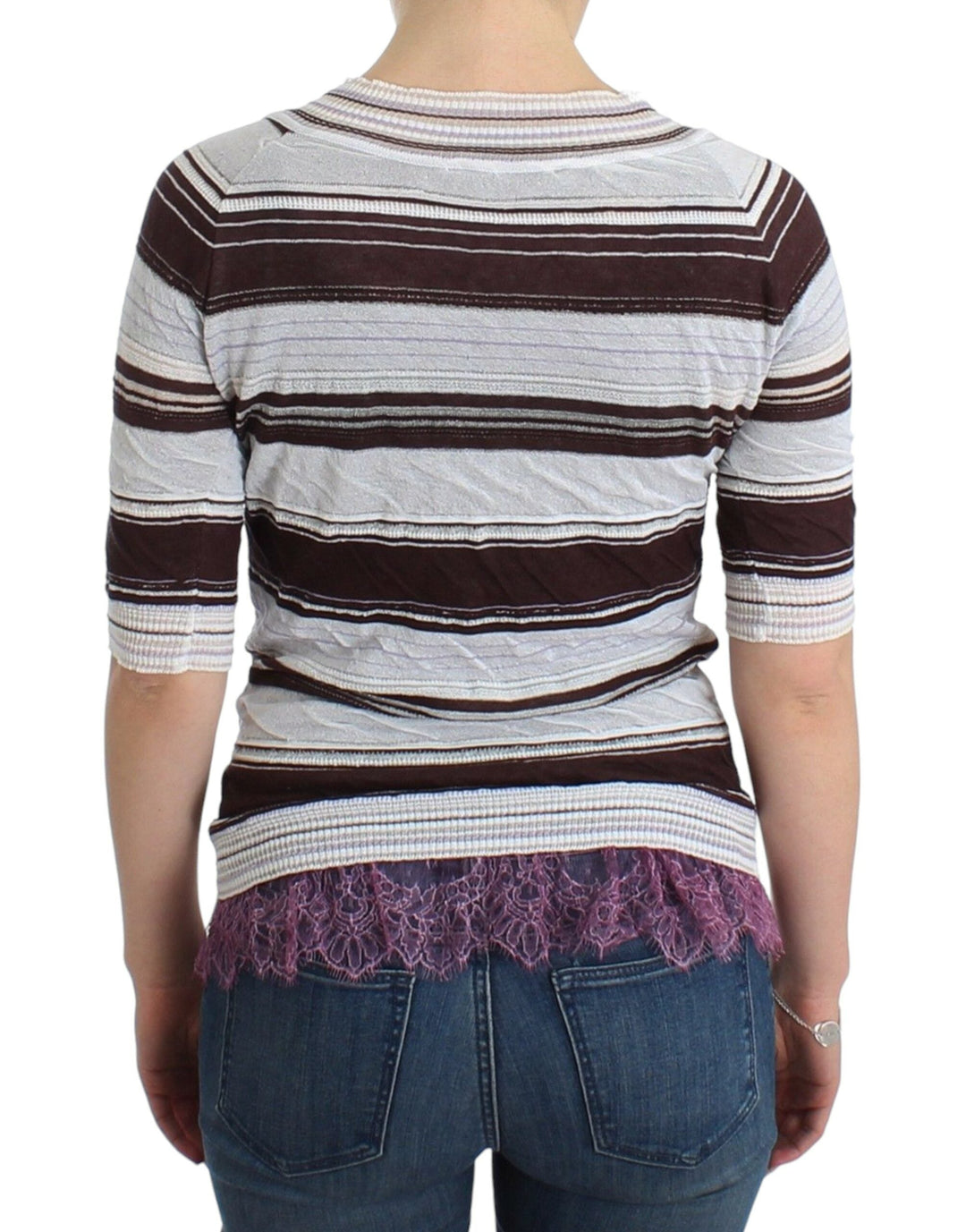 Women’s Ermanno Scervino Striped Lace V-neck Short Sleeve Top Sweater