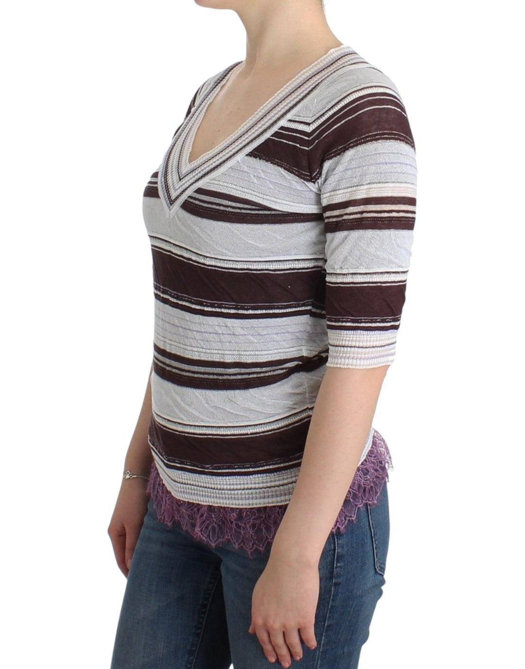 Women’s Ermanno Scervino Striped Lace V-neck Short Sleeve Top Sweater