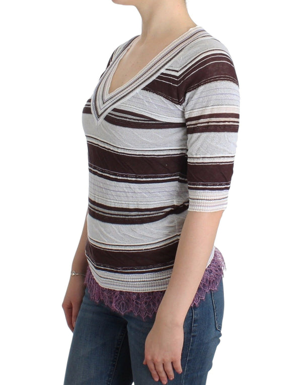 Women’s Ermanno Scervino Striped Lace V-neck Short Sleeve Top Sweater