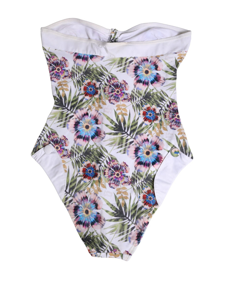 Women’s John Galliano White Floral Print Strapless One-piece Swimsuit Swimwear