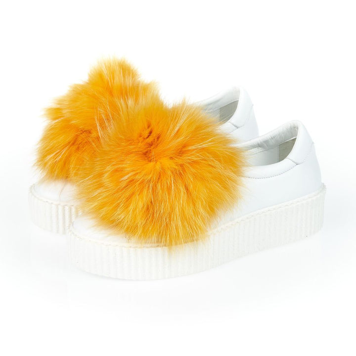 Mr&amp;Mrs Italy White Textile Women Sneaker With Real Fur Pom Poms