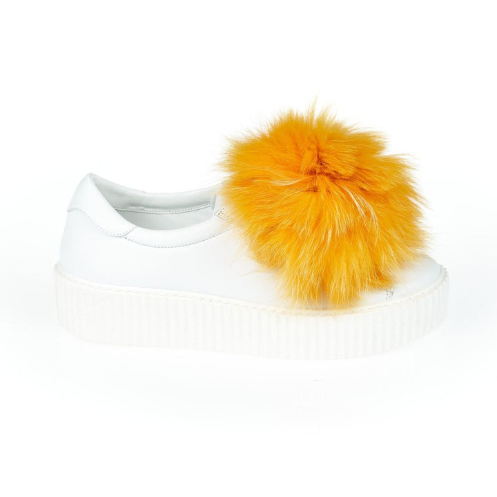 Mr&amp;Mrs Italy White Textile Women Sneaker With Real Fur Pom Poms