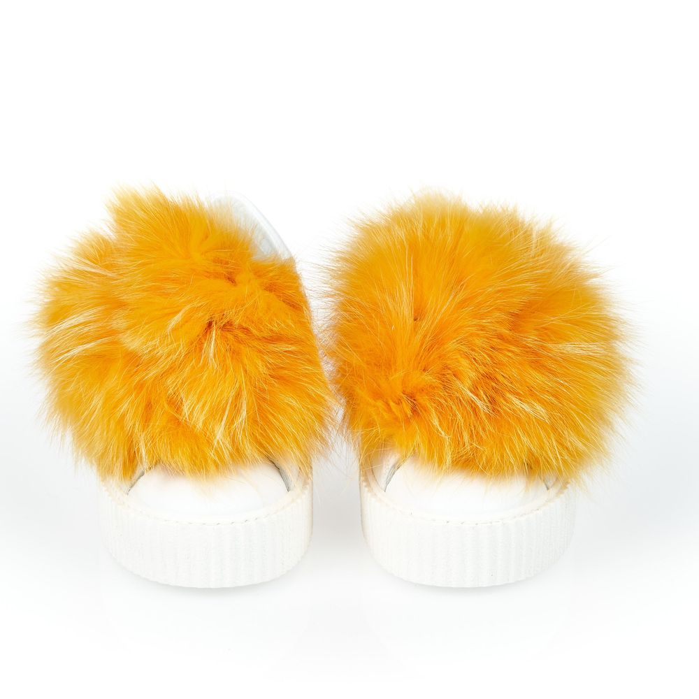 Mr&amp;Mrs Italy White Textile Women Sneaker With Real Fur Pom Poms