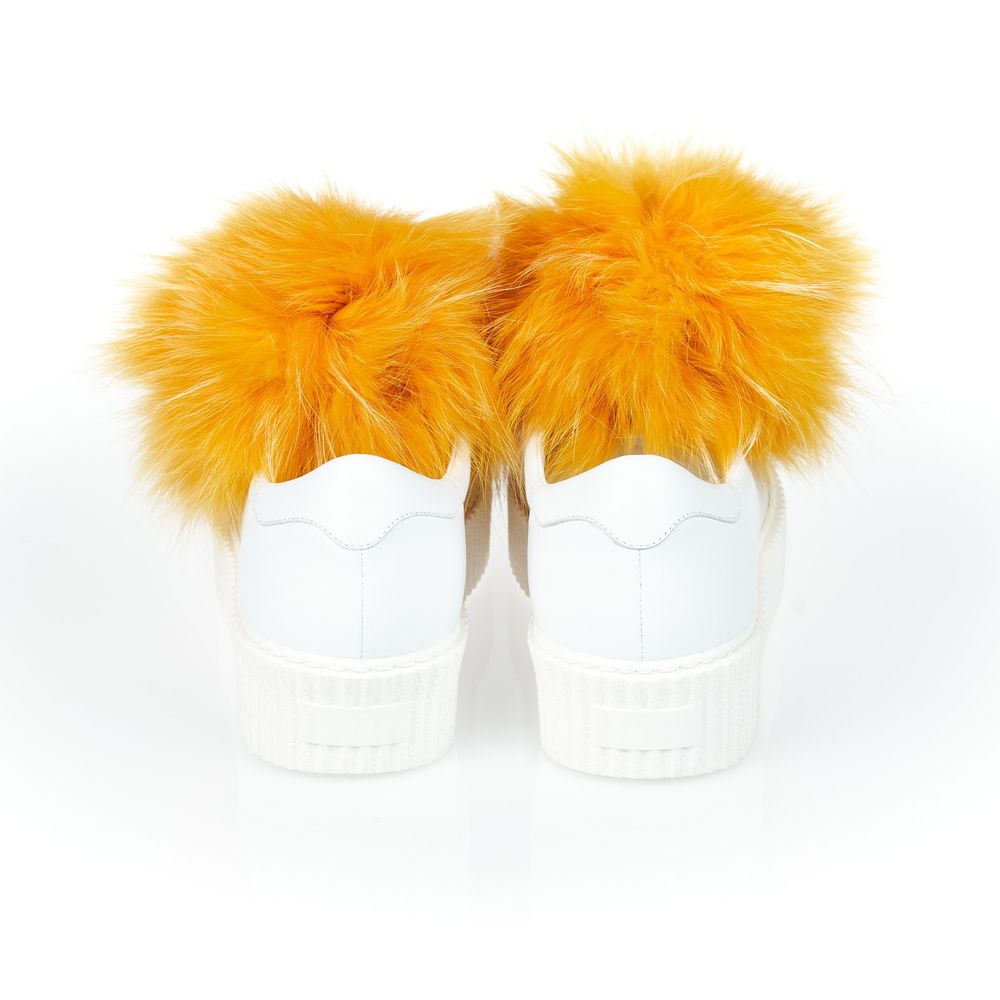 Mr&amp;Mrs Italy White Textile Women Sneaker With Real Fur Pom Poms