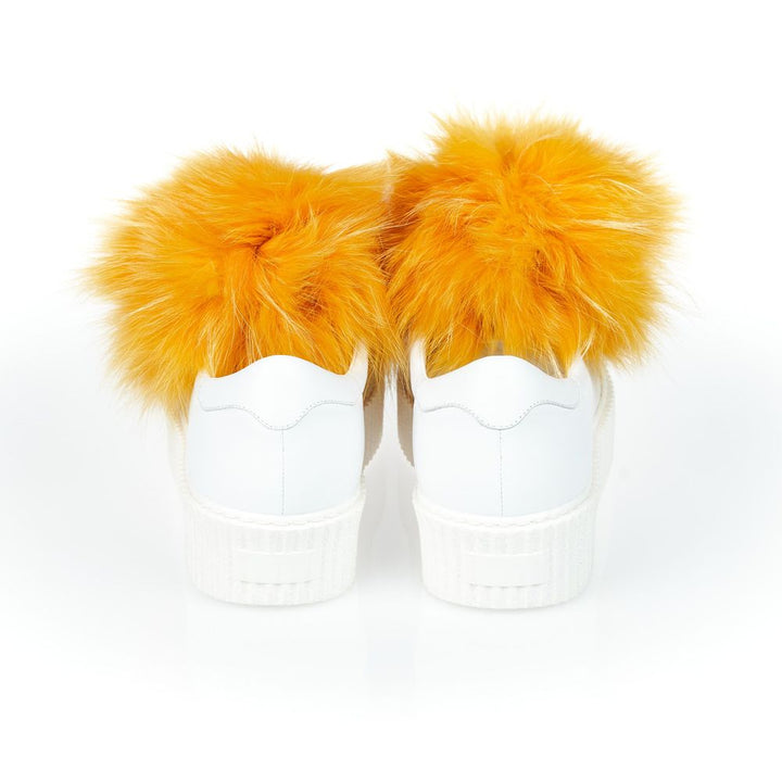 Mr&amp;Mrs Italy White Textile Women Sneaker With Real Fur Pom Poms