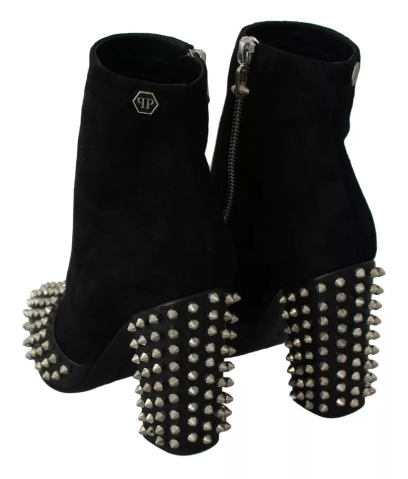 Women’s Philipp Plein Black Suede Studded Heels Ankle Boots Shoes