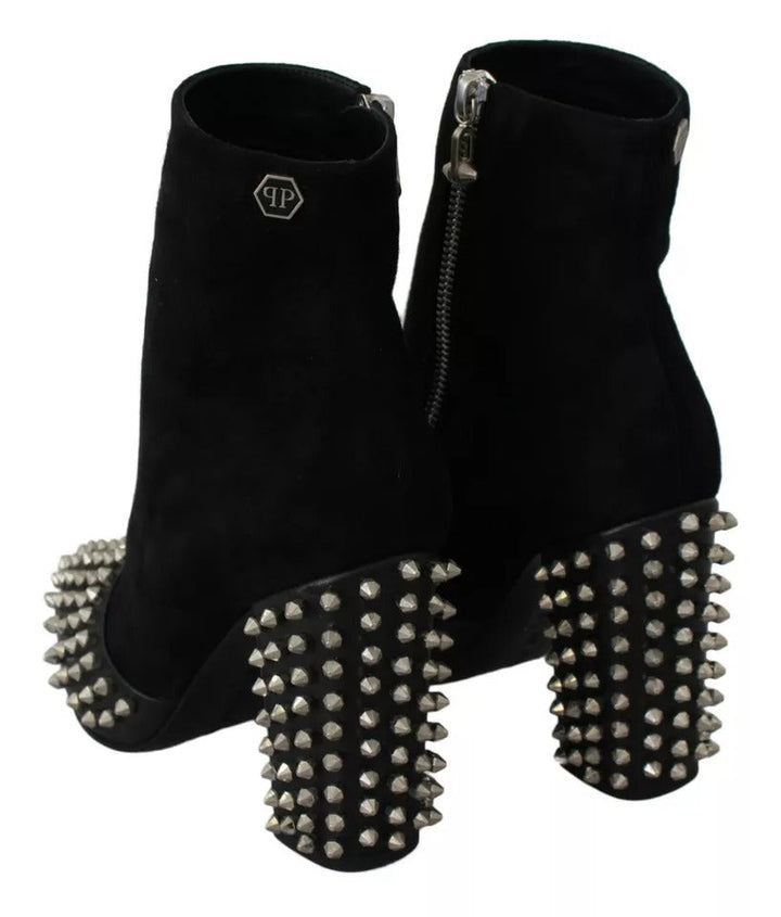 Women’s Philipp Plein Black Suede Studded Heels Ankle Boots Shoes