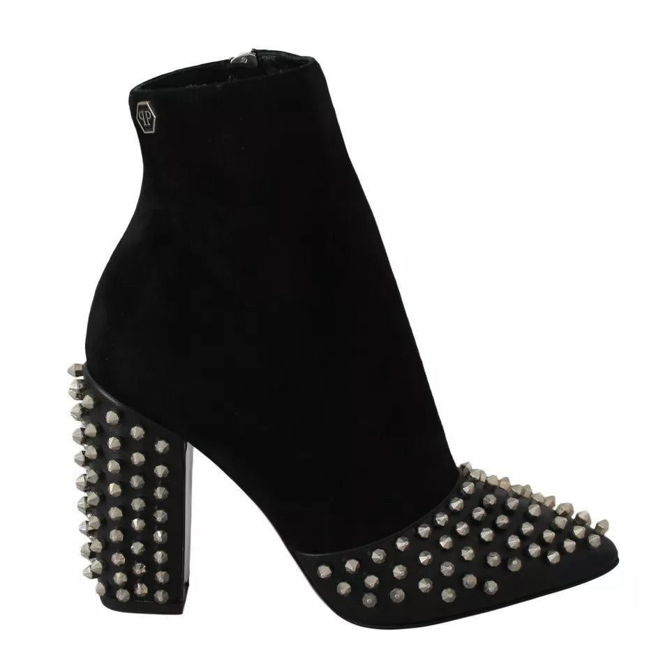 Women’s Philipp Plein Black Suede Studded Heels Ankle Boots Shoes