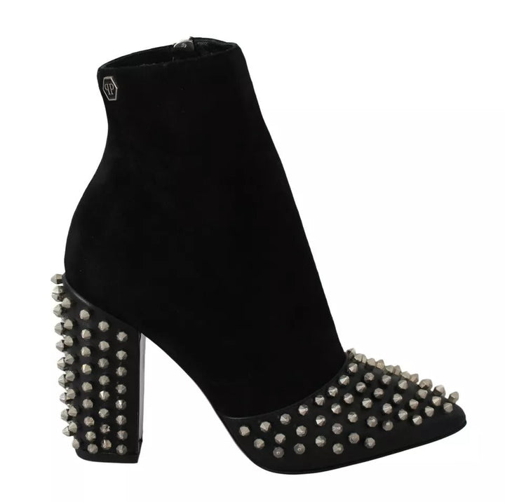 Women’s Philipp Plein Black Suede Studded Heels Ankle Boots Shoes