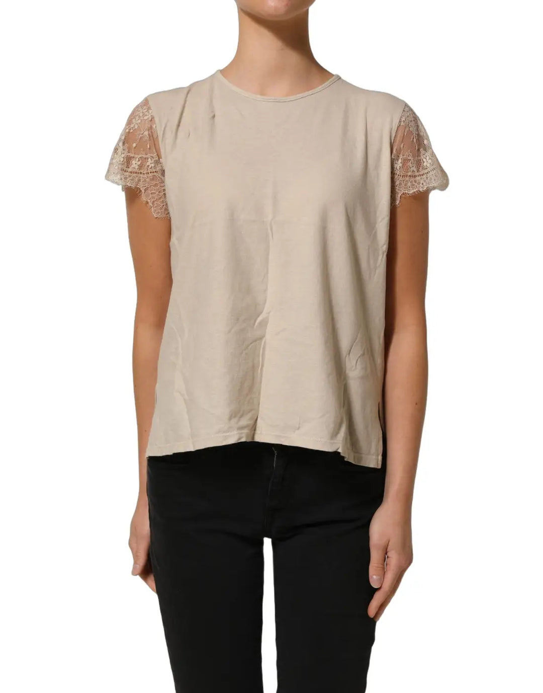 Women’s Pink Memories Beige Cotton Lace Detailing Round Neck Top