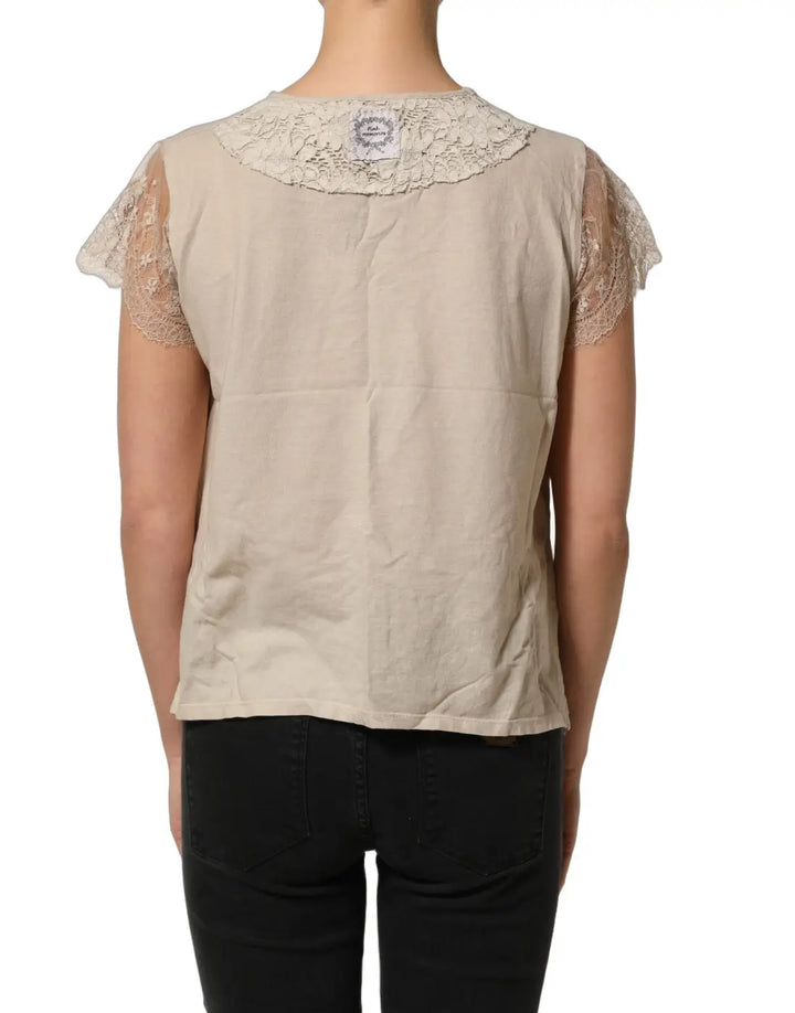 Women’s Pink Memories Beige Cotton Lace Detailing Round Neck Top