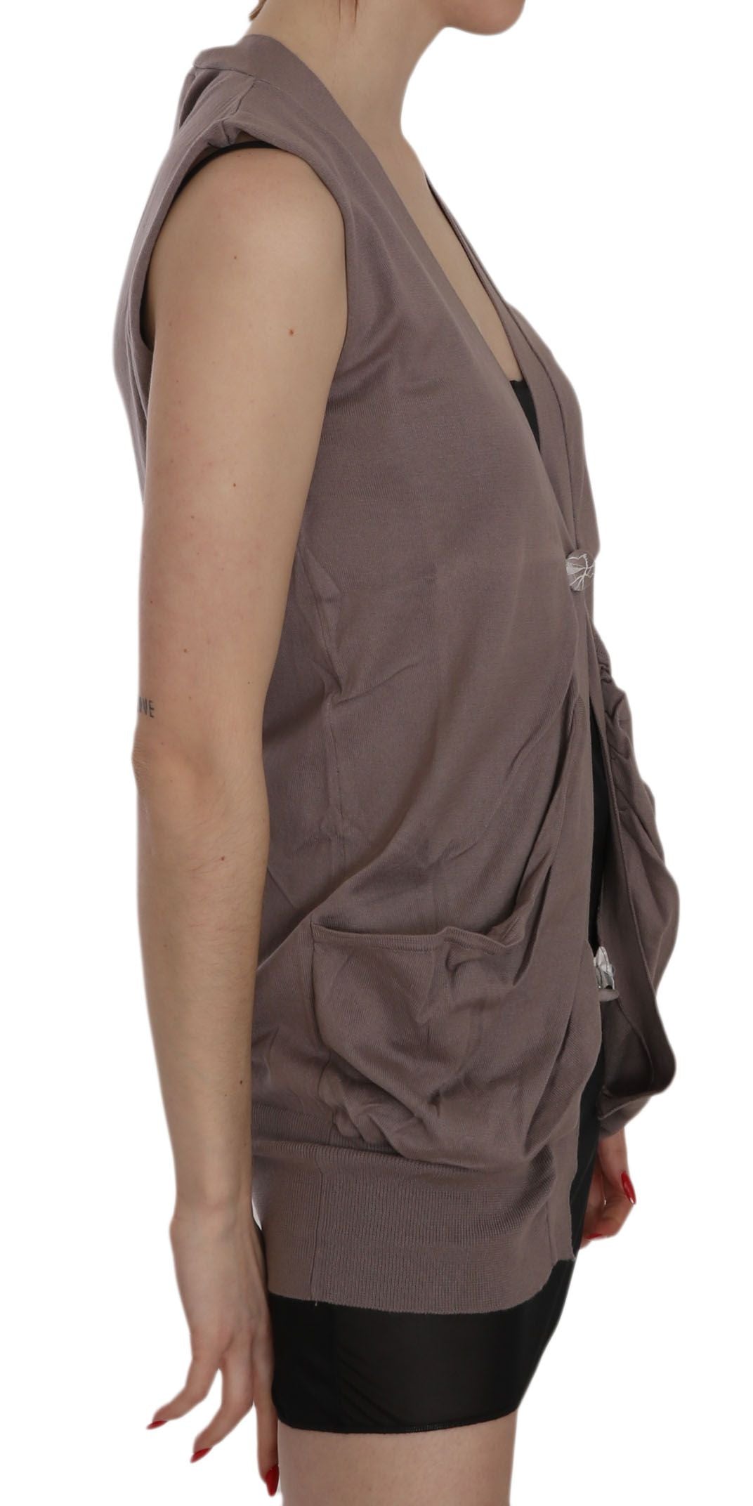 Women’s Pink Memories Brown 100% Cotton Sleeveless Cardigan Top Vest