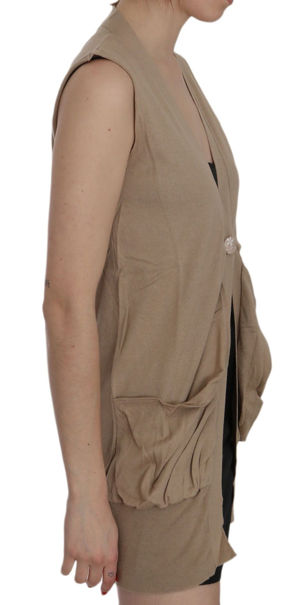 Women’s Pink Memories Brown 100% Cotton Sleeveless Cardigan Top Vest