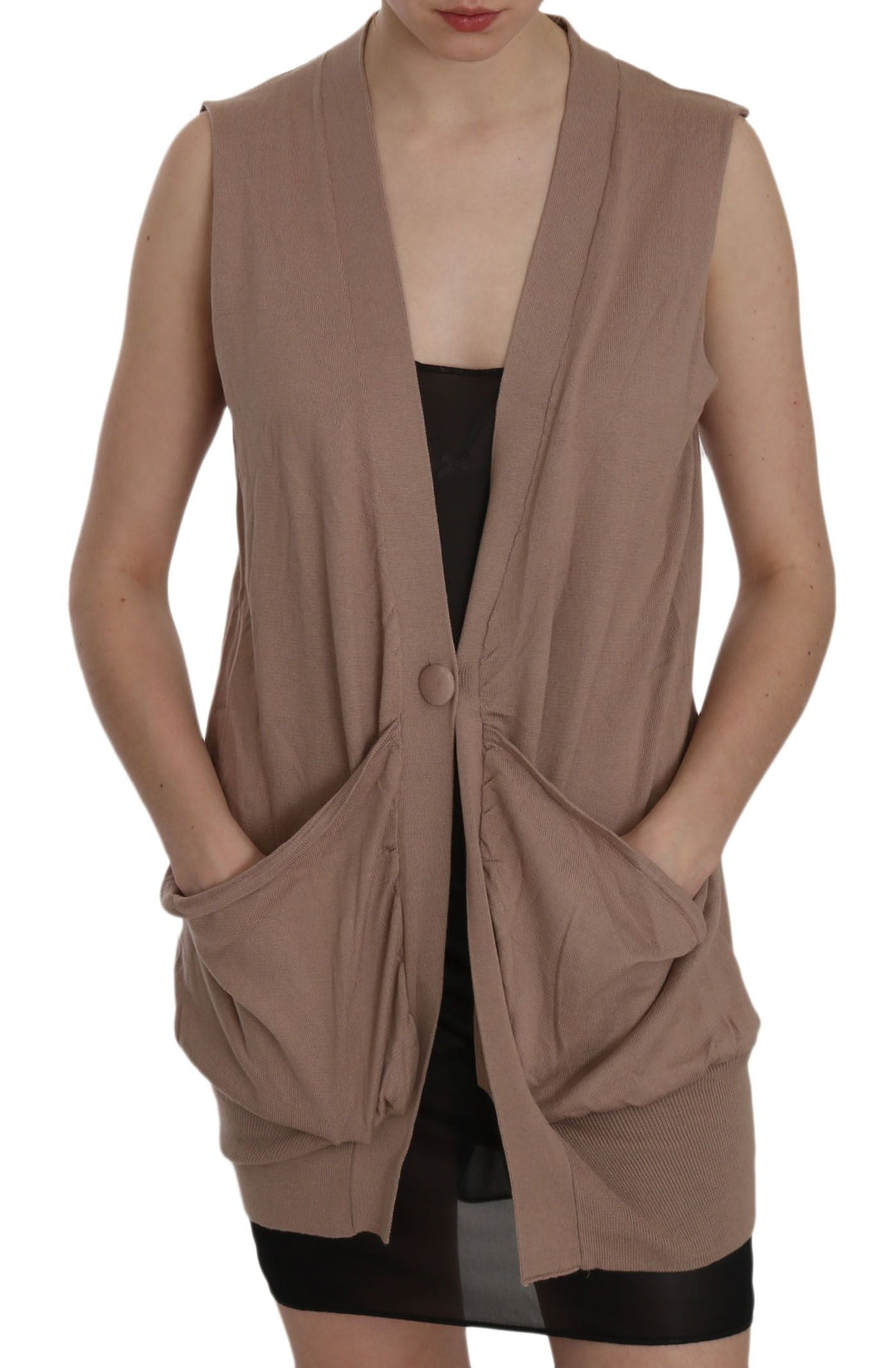 Women’s Pink Memories Brown 100% Cotton Sleeveless Cardigan Top Vest