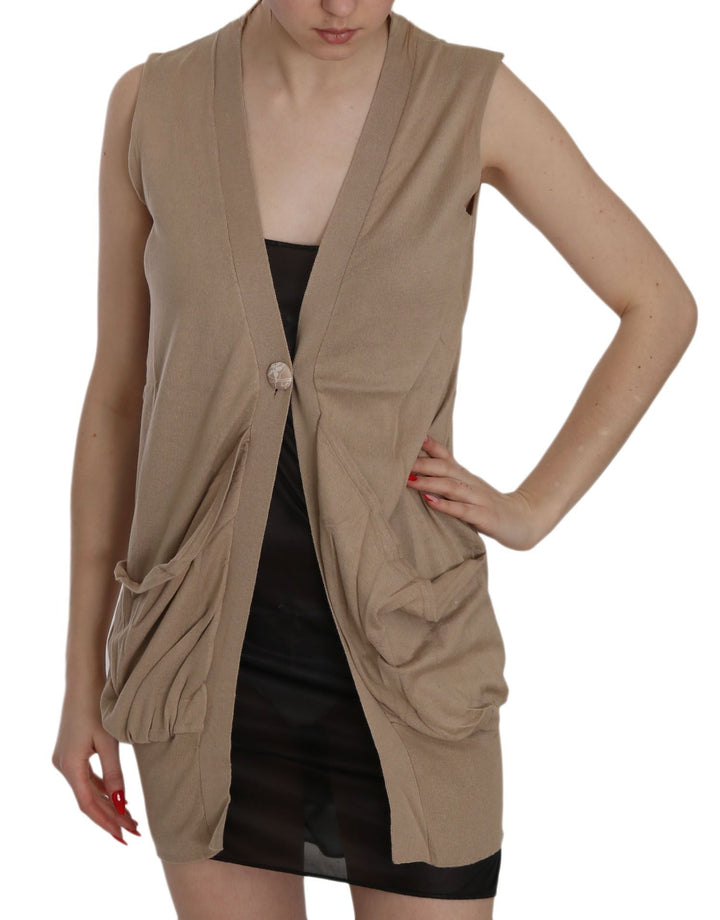 Women’s Pink Memories Brown 100% Cotton Sleeveless Cardigan Top Vest