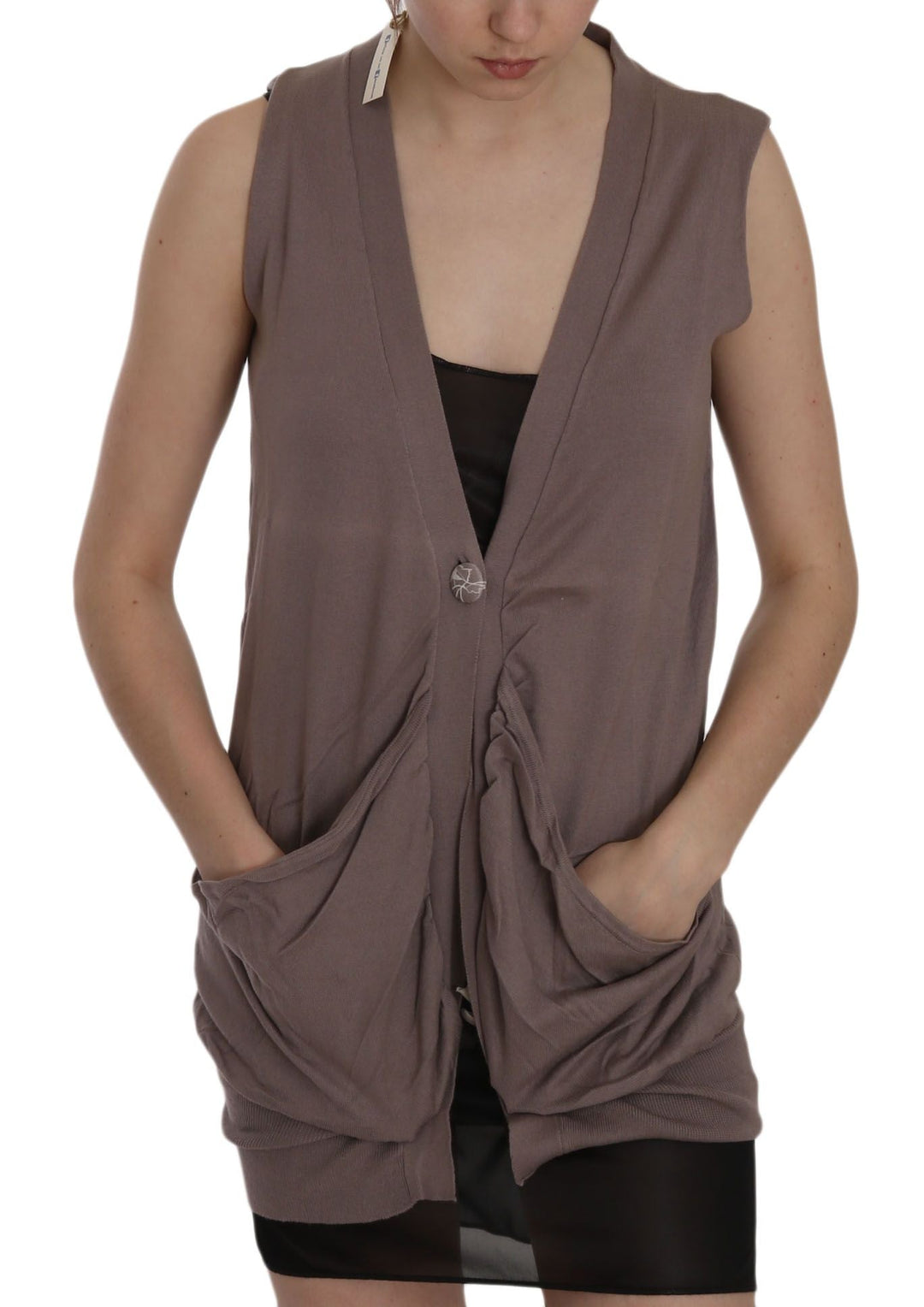 Women’s Pink Memories Brown 100% Cotton Sleeveless Cardigan Top Vest