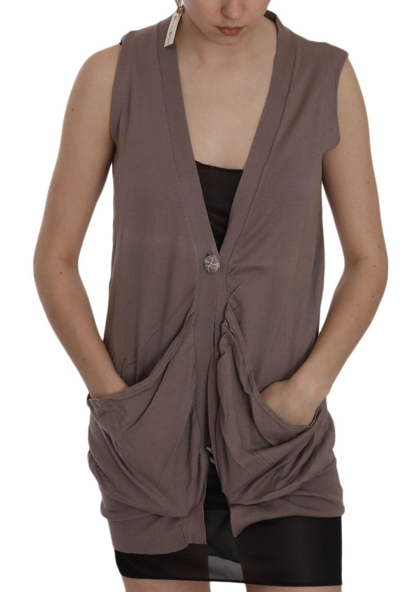 Women’s Pink Memories Brown 100% Cotton Sleeveless Cardigan Top Vest
