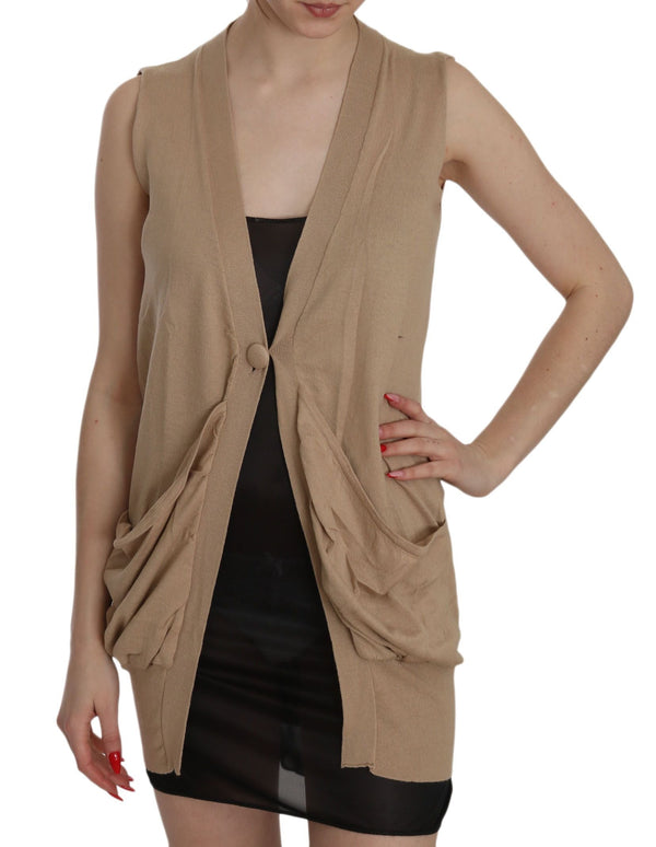 Women’s Pink Memories Brown 100% Cotton Sleeveless Cardigan Top Vest
