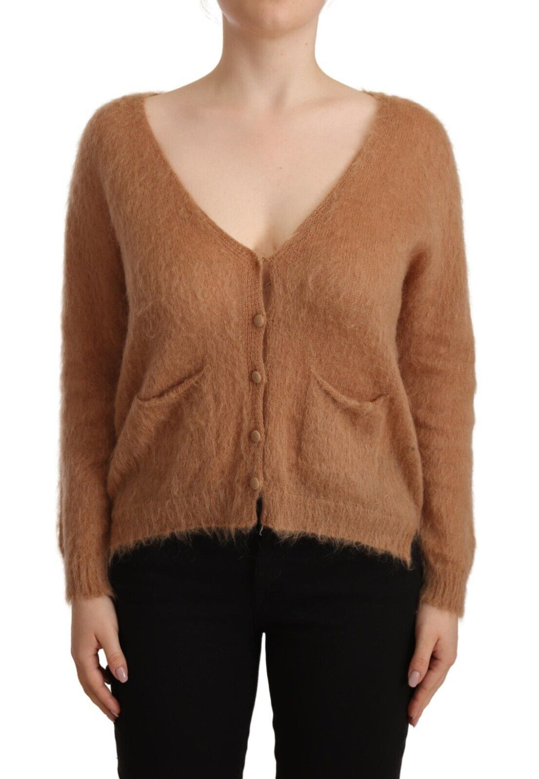 Women’s Pink Memories Brown Cardigan V-neck Long Sleeve Sweater
