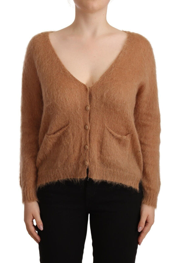 Women’s Pink Memories Brown Cardigan V-neck Long Sleeve Sweater