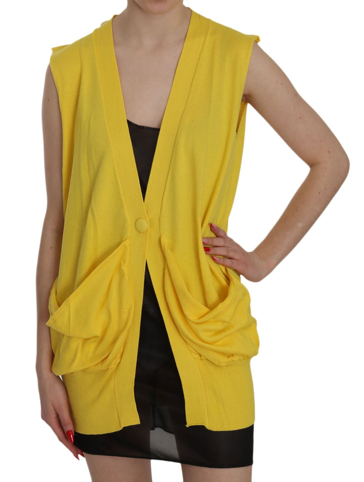 Women’s Pink Memories Yellow 100% Cotton Sleeveless Cardigan Top Vest
