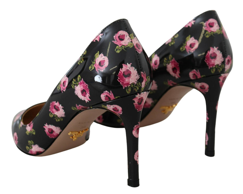 Women’s Prada Black Leather Floral Heels Stilettos Pumps