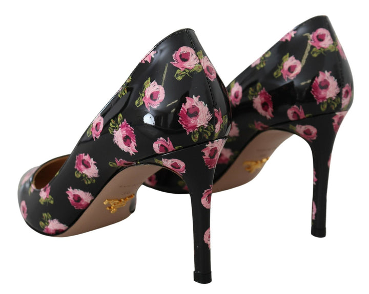 Women’s Prada Black Leather Floral Heels Stilettos Pumps