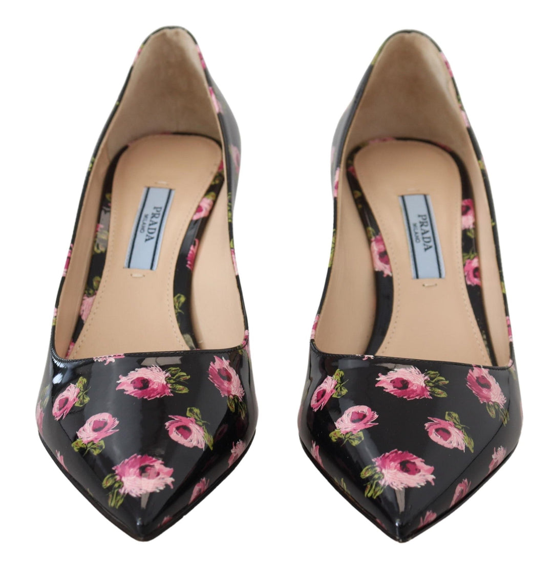 Women’s Prada Black Leather Floral Heels Stilettos Pumps