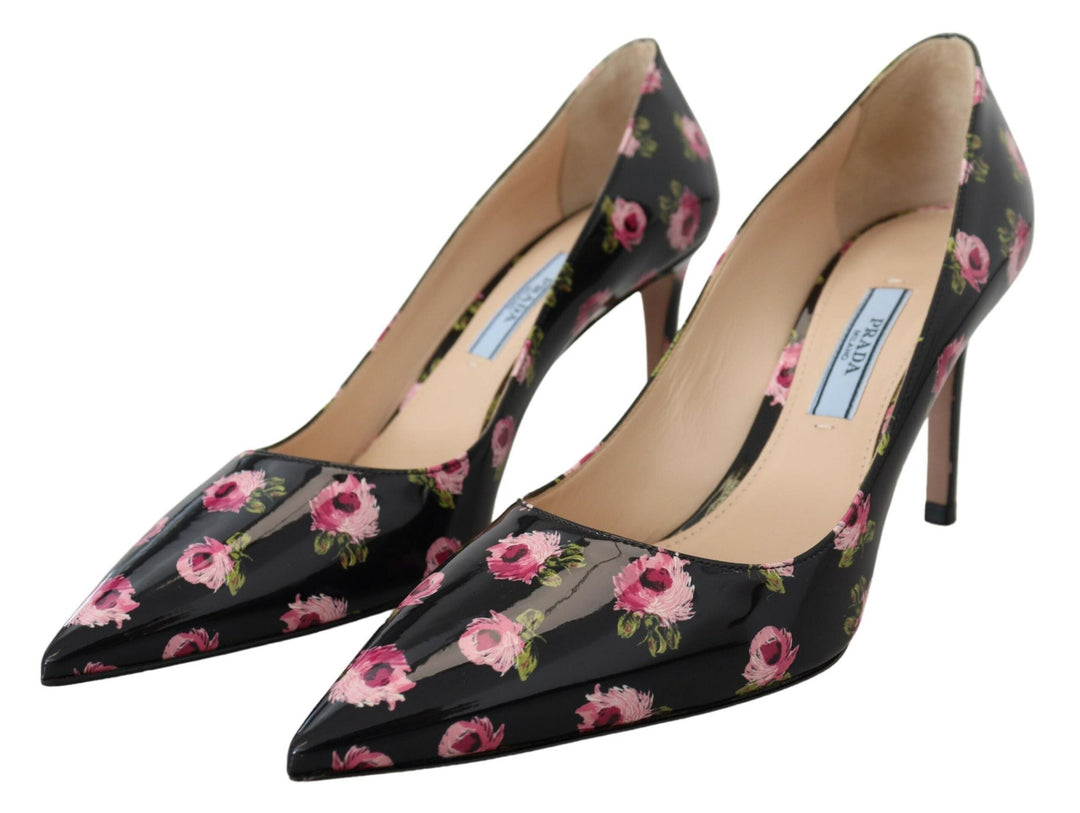 Women’s Prada Black Leather Floral Heels Stilettos Pumps