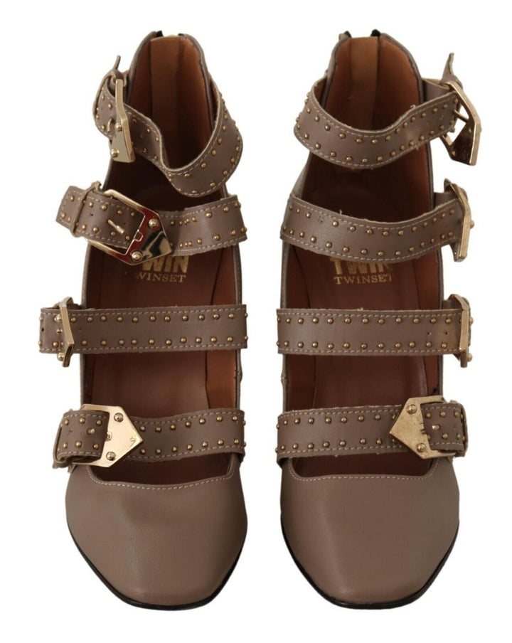 Women’s my Twin Brown Leather Block Heels Multi Buckle Pumps Shoes