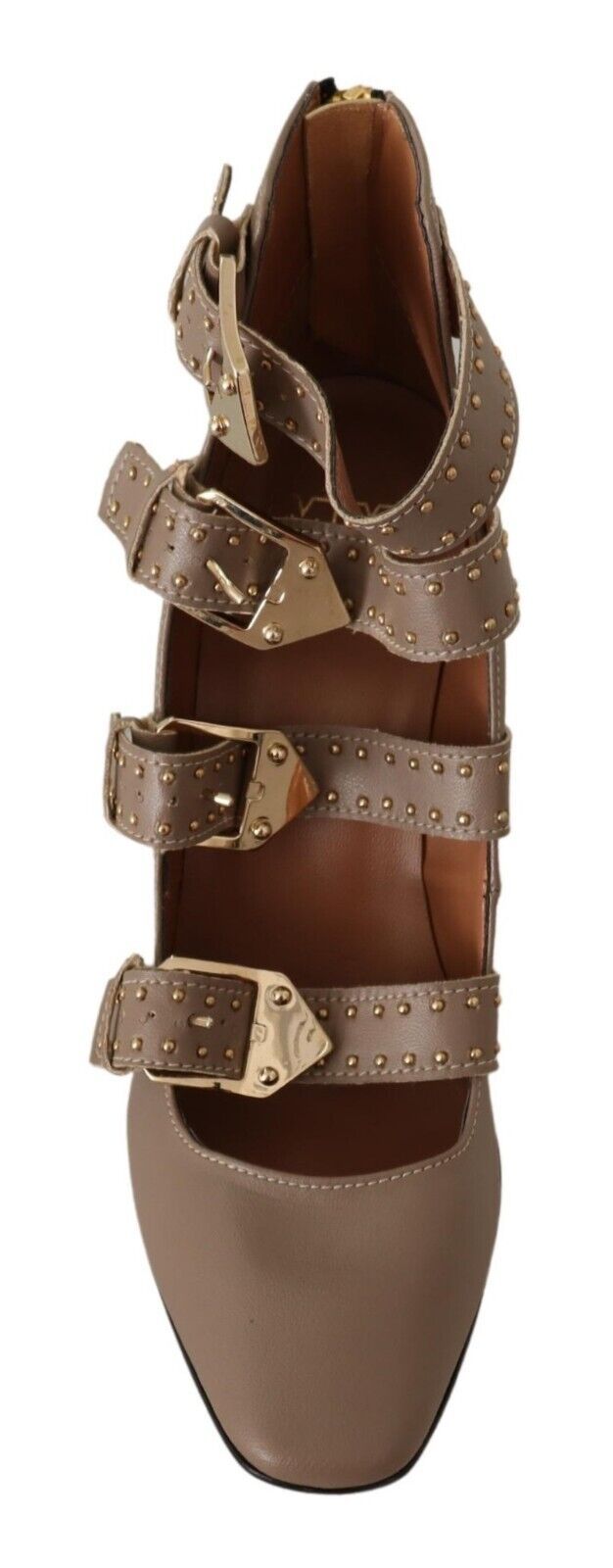 Women’s my Twin Brown Leather Block Heels Multi Buckle Pumps Shoes