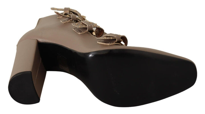 Women’s my Twin Brown Leather Block Heels Multi Buckle Pumps Shoes