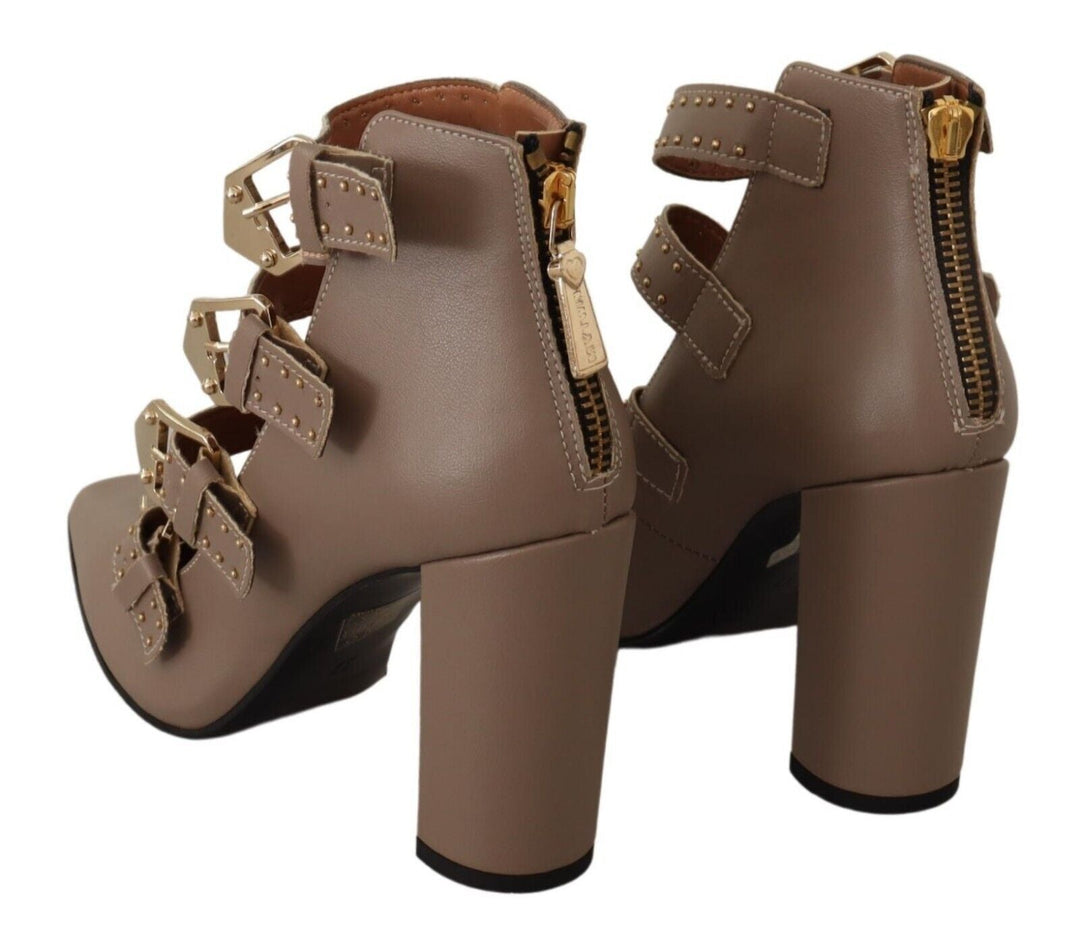 Women’s my Twin Brown Leather Block Heels Multi Buckle Pumps Shoes