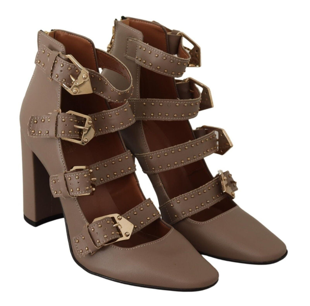 Women’s my Twin Brown Leather Block Heels Multi Buckle Pumps Shoes